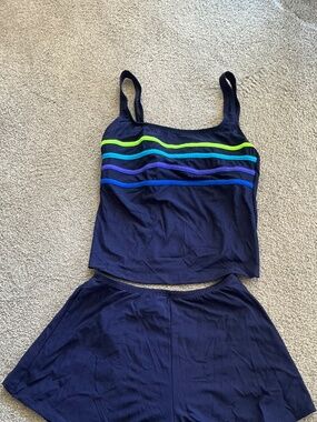Slim Allure Blue Tankini Swim Swimsuit With Colorful Stripes